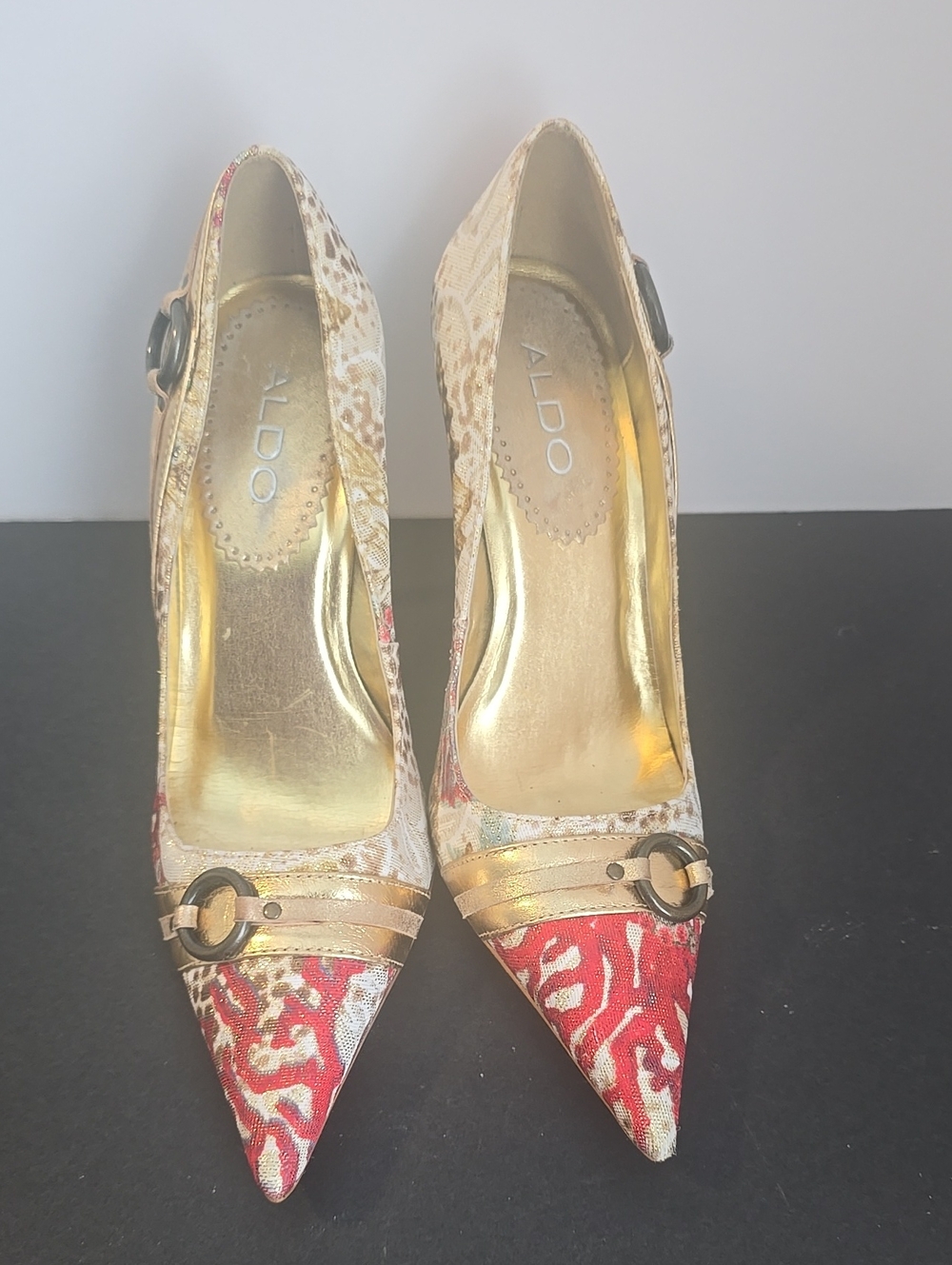 ALDO Red and Gold Pointed Toe Slingback Heels